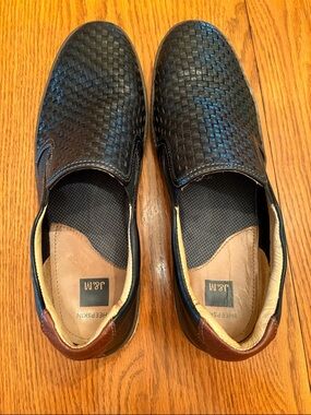 J&M Black Woven Slip-On Loafers with Brown Heel Accent for men